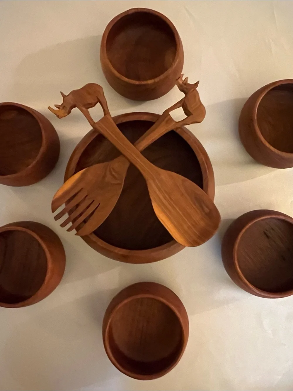 Carved Wooden Salad Bowl Set with Rhino-Handle Servers - Natural Brown